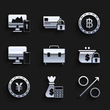 Set Briefcase, Percent up arrow, Closed wallet lock, Coin Yen symbol, Compu.. Stock Illustration