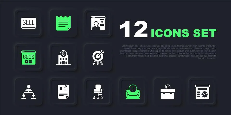 Set Briefcase, Pie chart infographic, Bank building, Envelope, Monitor with.. Ilustración de archivo