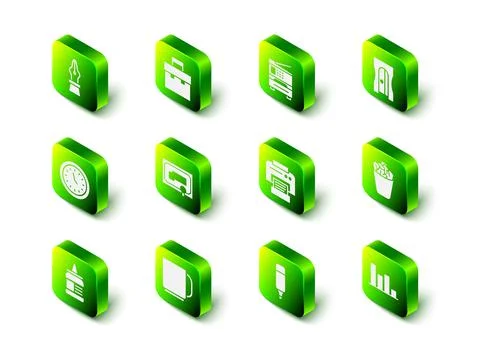 Set Briefcase, Printer, Pencil sharpener, Full trash can, Pie chart infographic Stock Illustration