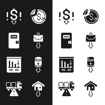Set Briefcase, Prison cell door, Dollar rate decrease, Pie chart infographic 库存插图