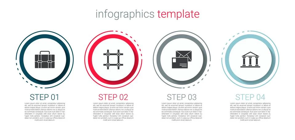 Set Briefcase, Prison window, Envelope and Courthouse building. Business Ilustración de archivo