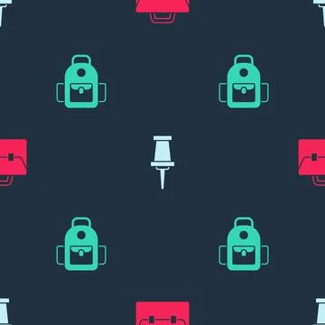Set Briefcase, Push pin and School backpack on seamless pattern. Vector 스톡 일러스트