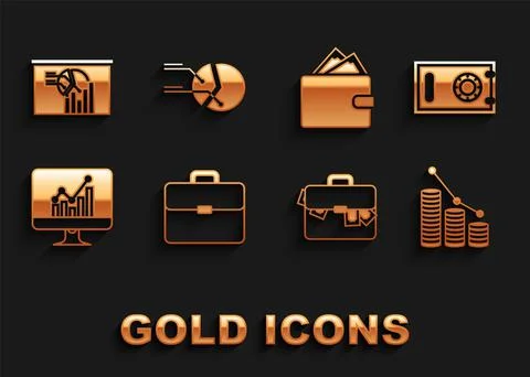 Set Briefcase, Safe, Pie chart infographic and coin, money, Computer monitor 스톡 일러스트