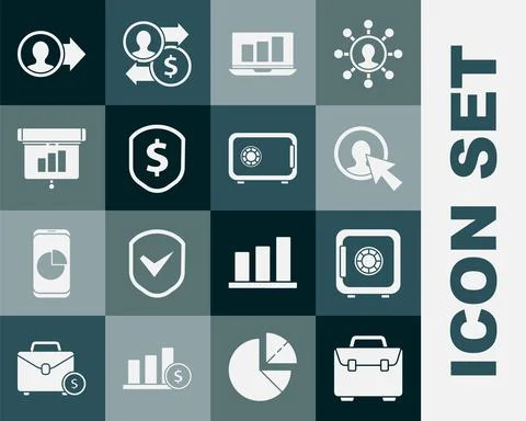 Set Briefcase, Safe, User of man in business suit, Laptop with graph chart Stock Illustration
