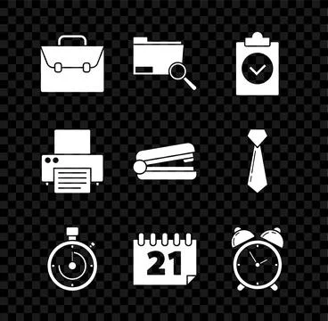 Set Briefcase Search concept with folder Completed task Calendar Alarm clock  Stock Illustration