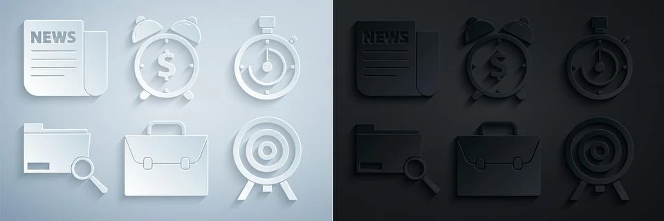 Set Briefcase, Search concept with folder, Target, Alarm clock dollar symbo.. Stock Illustration