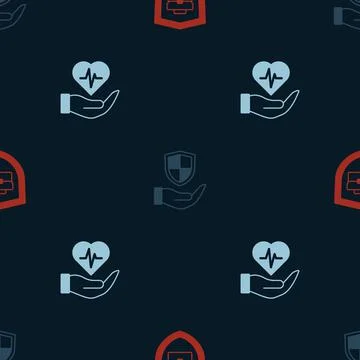 Set Briefcase with shield, Shield in hand and Life insurance on seamless pattern Illustrazione stock