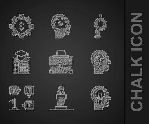 Set Briefcase, Speaker, Human with lamp bulb, Head question mark, Planning Stock-Illustration