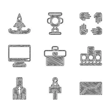 Set Briefcase, Stage stand or tribune, Envelope, Ranking star, Worker, Computer Illustrazione stock