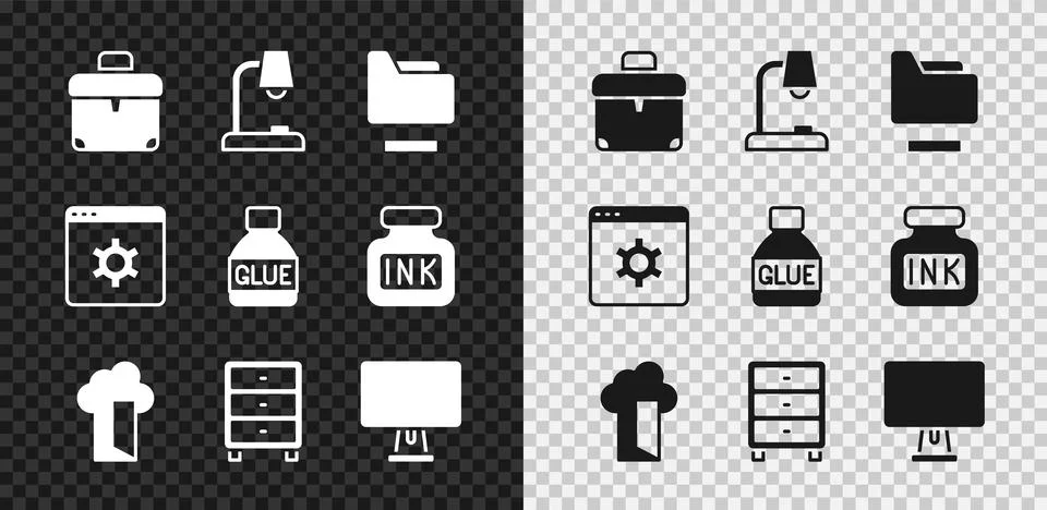 Set Briefcase, Table lamp, Document folder, Cloud database, Archive papers .. Stock Illustration