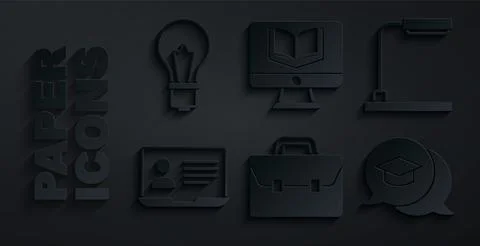 Set Briefcase, Table lamp, Online class, Graduation cap speech bubble, and Light Stock-Illustration