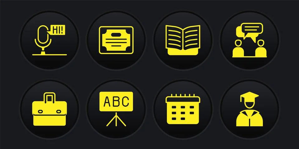 Set Briefcase, Two sitting men talking, Chalkboard, School timetable, Open book Illustrazione stock