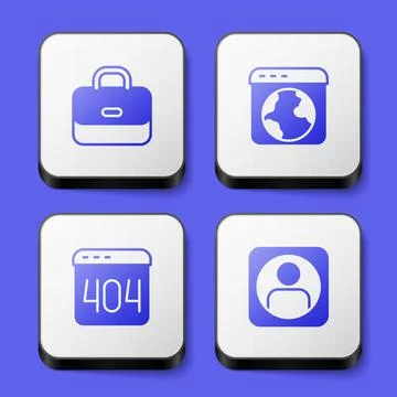Set Briefcase, Worldwide, Page with 404 error and Create account screen icon Stock Illustration