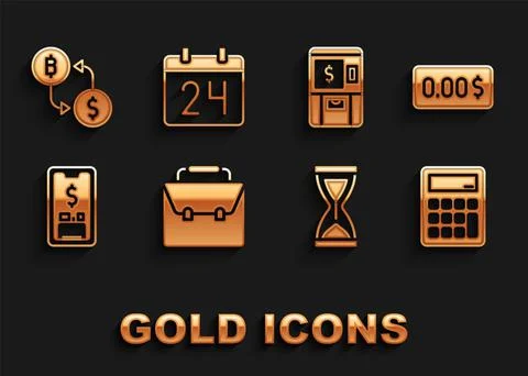 Set Briefcase, Zero cost, Calculator, Old hourglass, Mobile with dollar, ATM and Stock Illustration