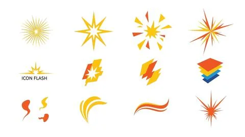 Set of bright abstract flash explosion and burst graphic elements. Illustrazione stock