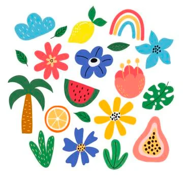 Set of bright beautiful tropical elements Stock Illustration