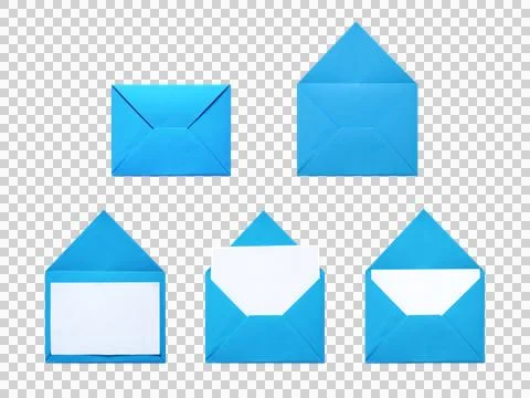 Set of bright blue paper envelopes with blank white greeting cards for fest.. Stock Illustration