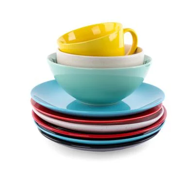 Set of bright clean tableware isolated on white Stock Photos