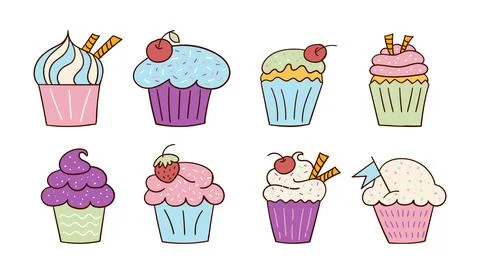 Set of bright colored cupcakes in doodle style. Vector illustration. Freehand Stock Illustration