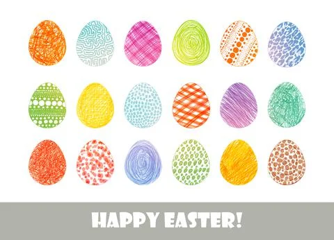 Set of bright colored doodle easter eggs on white background. Stock Illustration