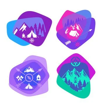 Set of bright colored logos for camping and outdoor recreation Stock Illustration