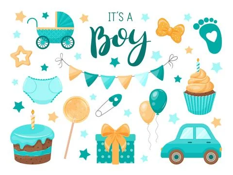 Set of bright colorful elements for boy's birthday celebration. Stock Illustration