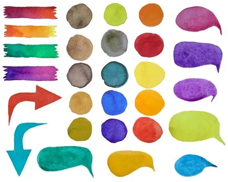 Set of bright colorful elements on white background. Arrows, circle and bubbl Illustrazione stock