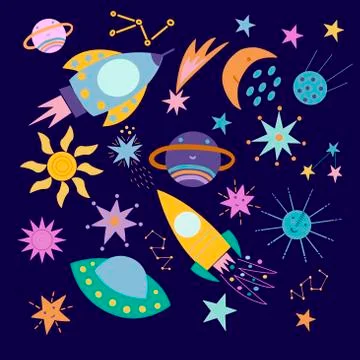 Set of bright cute elements of space Stock Illustration