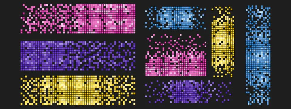 Set of bright disintegration pixel effect backgrounds. Mosaic texture with .. Stock Illustration