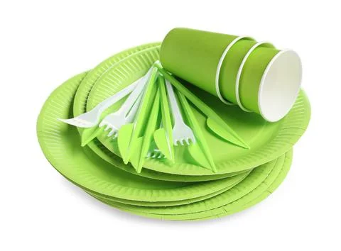 Set of bright disposable tableware on white background Stock Photos