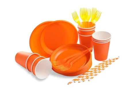 Set of bright disposable tableware on white background Stock Photos