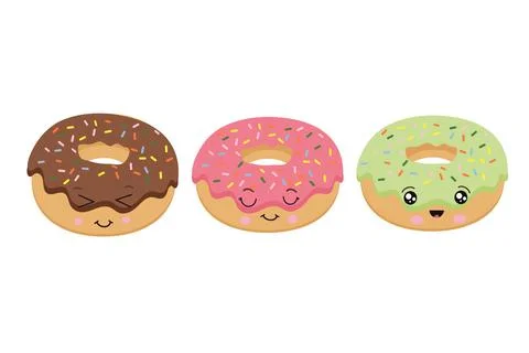 A set of bright donuts with cute emoticons. Vector illustration of desserts. Stock Illustration