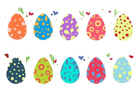 Set of bright Easter eggs. Colored ornaments, heart and grass. Vector graphics Stock Illustration