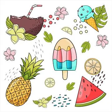 Set of bright elements with fruit desserts, cocktail in coconut, ice cream Stock Illustration