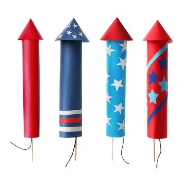 Set of bright firework rockets isolated on white Stock Photos