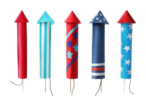 Set of bright firework rockets isolated on white Stock Photos