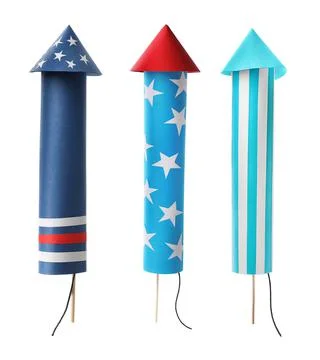 Set of bright firework rockets isolated on white Stock Photos