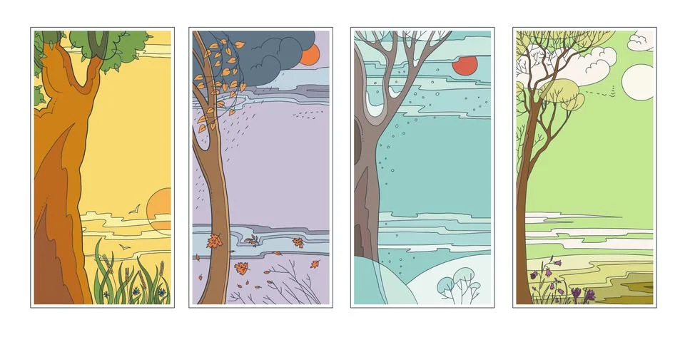 Set bright flat vector natural backgrounds. Four seasons. Hot summer day, rainy Stock Illustration