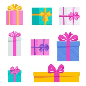Set of bright fun holiday gift boxes. Illustrazione stock