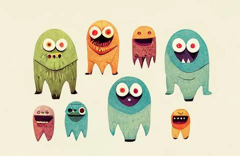 Set of bright funny cute monsters and aliens collection isolated on background. Stock Illustration