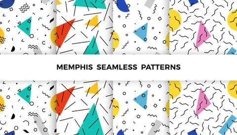 Set of bright geometric memphis patterns with wavy lines, triangles, circles 库存插图