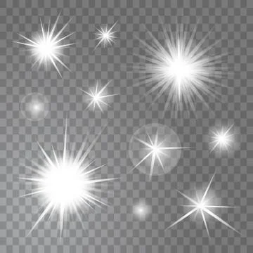 Set of bright glowing light suns burst on transparent background. Glitter sta Stock-Illustration