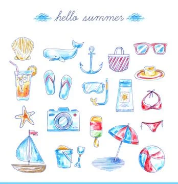 Set of bright hand drawn beach icons Stock Illustration