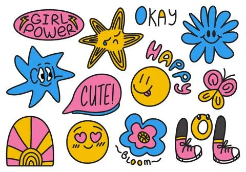 Set of Bright hand-drawn Doodle Stickers. Funny elements. Cartoon collectio.. 库存插图