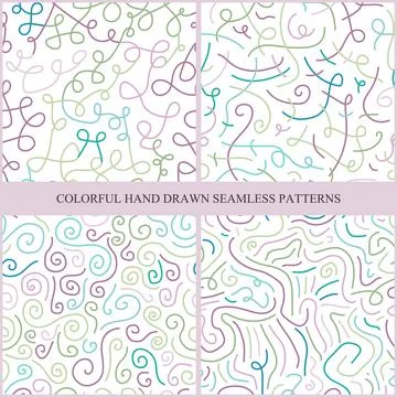 Set of bright hand drawn seamless curly patterns - delicate design. Vector Illustrazione stock