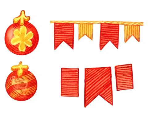 Set of bright New Year's elements, watercolor drawings in vector format. Stock Illustration