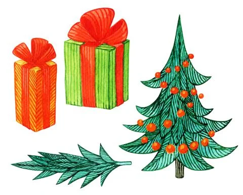 Set of bright New Year's elements, watercolor drawings in vector format. Stock Illustration