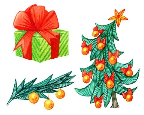 Set of bright New Year's elements, watercolor drawings in vector format. Stock Illustration