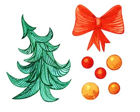 Set of bright New Year's elements, watercolor drawings in vector format. Illustrazione stock