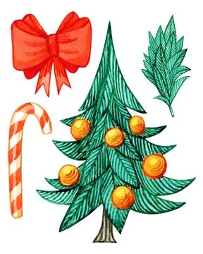 Set of bright New Year's elements, watercolor drawings in vector format. Stock Illustration